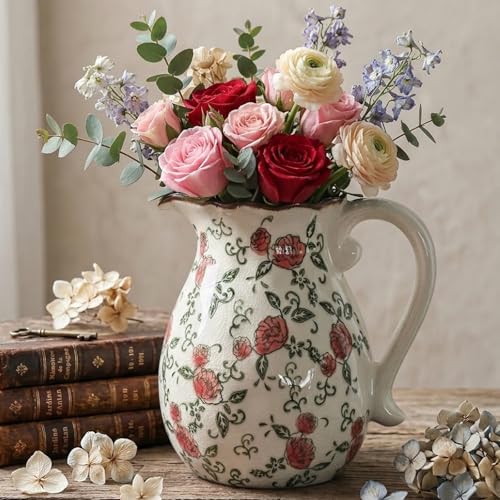 SJIE Vintage Ceramic Vase - 8.2 Inch Hand-Painted Roses with Ice Crackle Glaze Finish American Farmhouse Style Pitcher Vase for Home Decor Centerpiece Shelf Table Office Rustic Wedding Gift