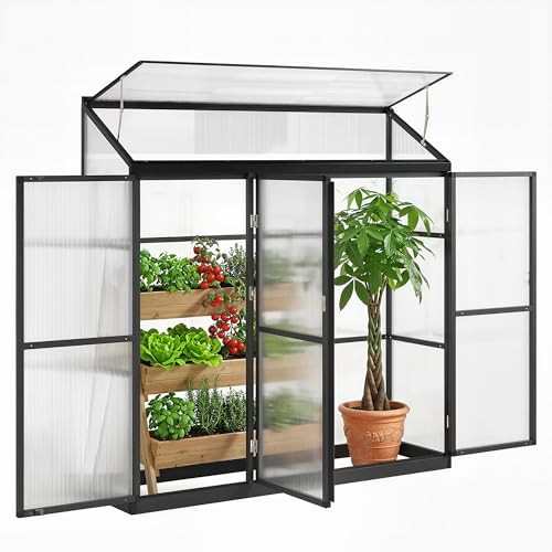 Outsunny 6 x 1.5ft Polycarbonate Greenhouse with 3 Hinged Doors, Top Vent, Lean-to Green House, Aluminium Walk-in Greenhouse for Patio Garden, Black