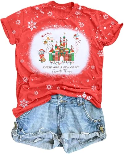Christmas Shirt for Women Magical Holiday Short Sleeve Tee Xmas Tree Castle Graphic Snowflake Lights Print Gift Red a