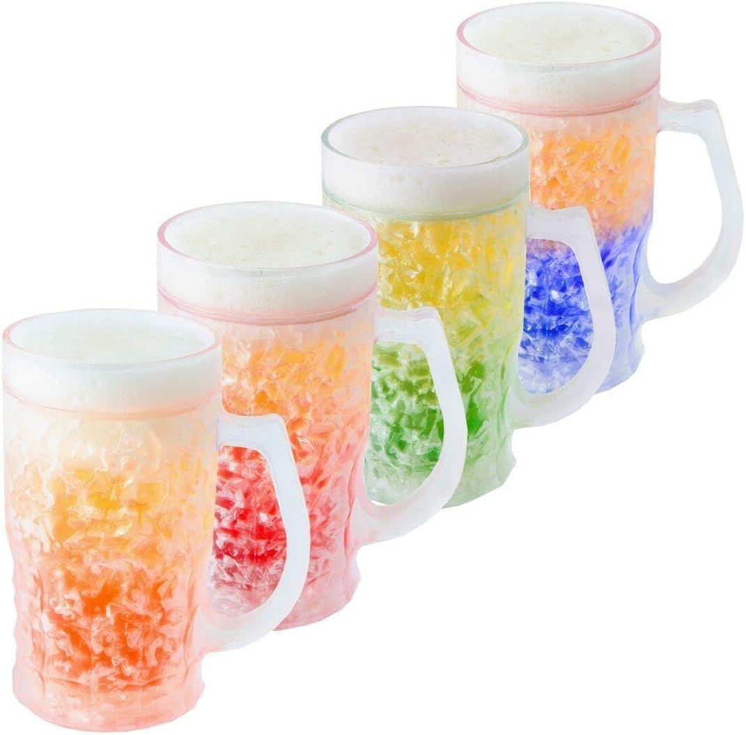 Lily's Home Isolierte doppelwandige, gelgefüllte Biergläser aus Acryl, mattiert, ideal für den Genuss von Brauen bei Grillabenden und Partys, transparent mit verschiedenfarbigen Böden (je 400 ml, 4