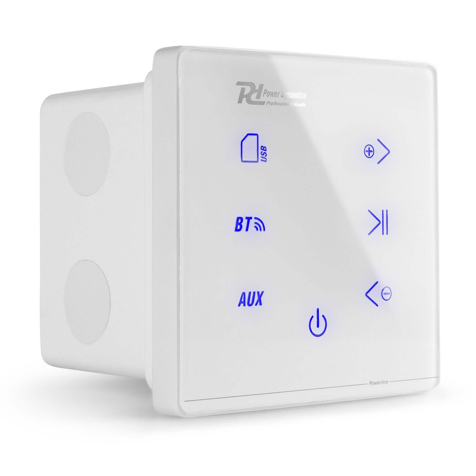 Power Dynamics Conjunto A100W con Amplificador Blanco táctil y 4 Altavoces de Techo Negros de 6,5” 2 vías, Bluetooth 5.0, Reproductor MP3 USB/microSD, 4x20W Clase D