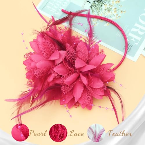 Image of DRESHOW Womens Fascinators Hats Tea Party Hats for Women Pearl Lace Feather Hat Vintage Derby Hats for Wedding Cocktail