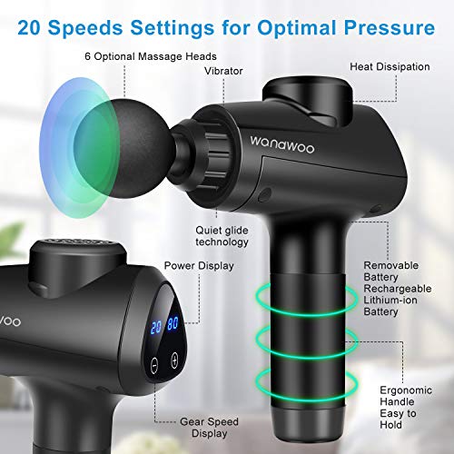 【2020 New】Muscle Massage Gun,Deep Tissue Percussion Massager for Athletes,Quiet Handheld Body Muscle Massager,Brushless Motor w/ 6 Heads and 20 Speed Levels,Workout Recovery,Portable w/ Carrying Case - Thumbnail 3