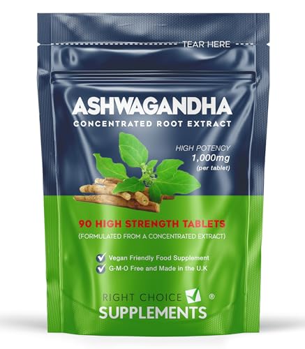 Ashwagandha 1000mg - Pure High Strength Root Extract Supplement for Mood Stress & Stamina (not Capsules) - KSM-66 Ayurveda Also Known As Withania Somnifera - 90 Vegan Tablets Made in The U.K