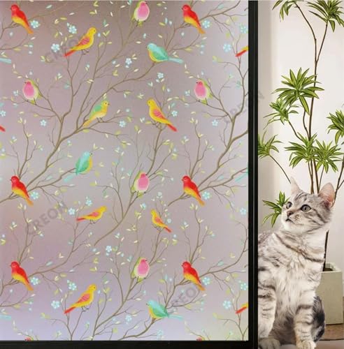 Image of CREON Privacy Window Film Bird Frosted (24 X 200 Inch) Non-Adhesive UV Blocking Front Glass Window Cling for Bathroom Privacy Sticker