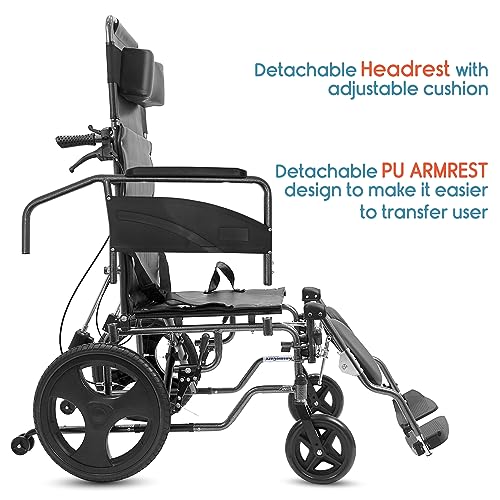 Image of KosmoCare Tranz Recliner wheelchair | Foldable Wheelchair | Wheel chairs for old people | Recliner Wheel chair | Manual Mobility Aid Comfortable 18 inch wide seat |