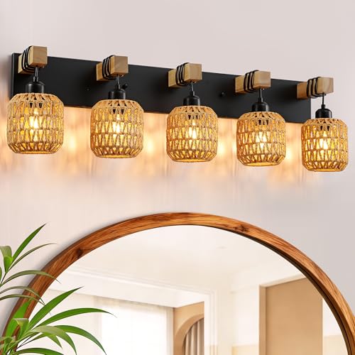 LmnLvn 5-Light Bathroom Vanity Light, Boho Farmhouse Rattan Handwoven Shade