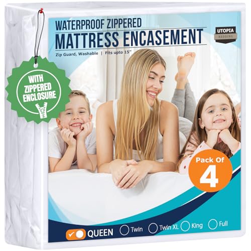 Image of Utopia Bedding Mattress Protector Zippered Queen Size (Pack of 4), 100% Waterproof Bed Bug and Dust Mite Proof Mattress Encasement, Absorbent 6 Sided Mattress Cover