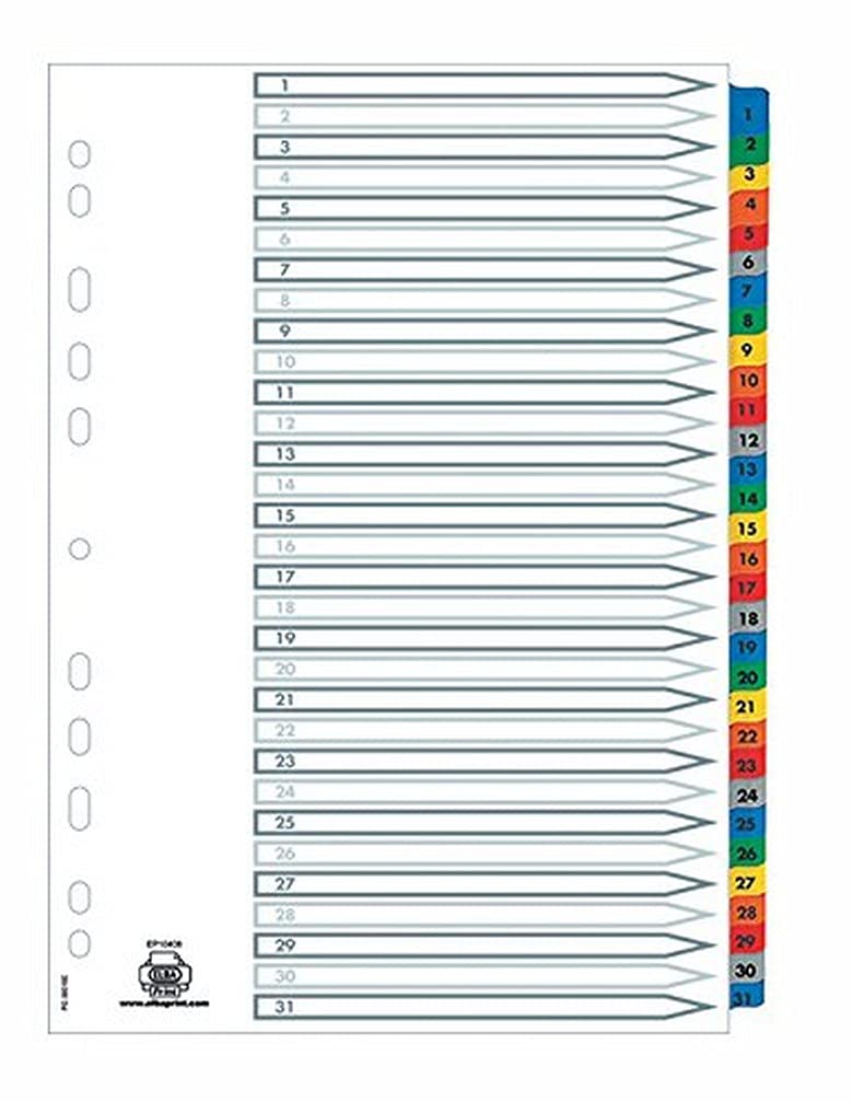 Oxford 31-Piece Polypropylene Dividers DIN A4 with Numbers 1-31 / Dividers 1-31 / Dividers for Office Folder Organisation