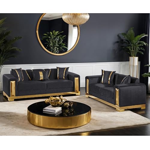Image of Furniture of America Samison II Glam 2-Piece Solid Wood Upholstered Sofa Set with Accent Pillows, Damask Pattern and Gold Base, Comfortable Couch and Loveseat for Living Room, Bedroom, Office, Black