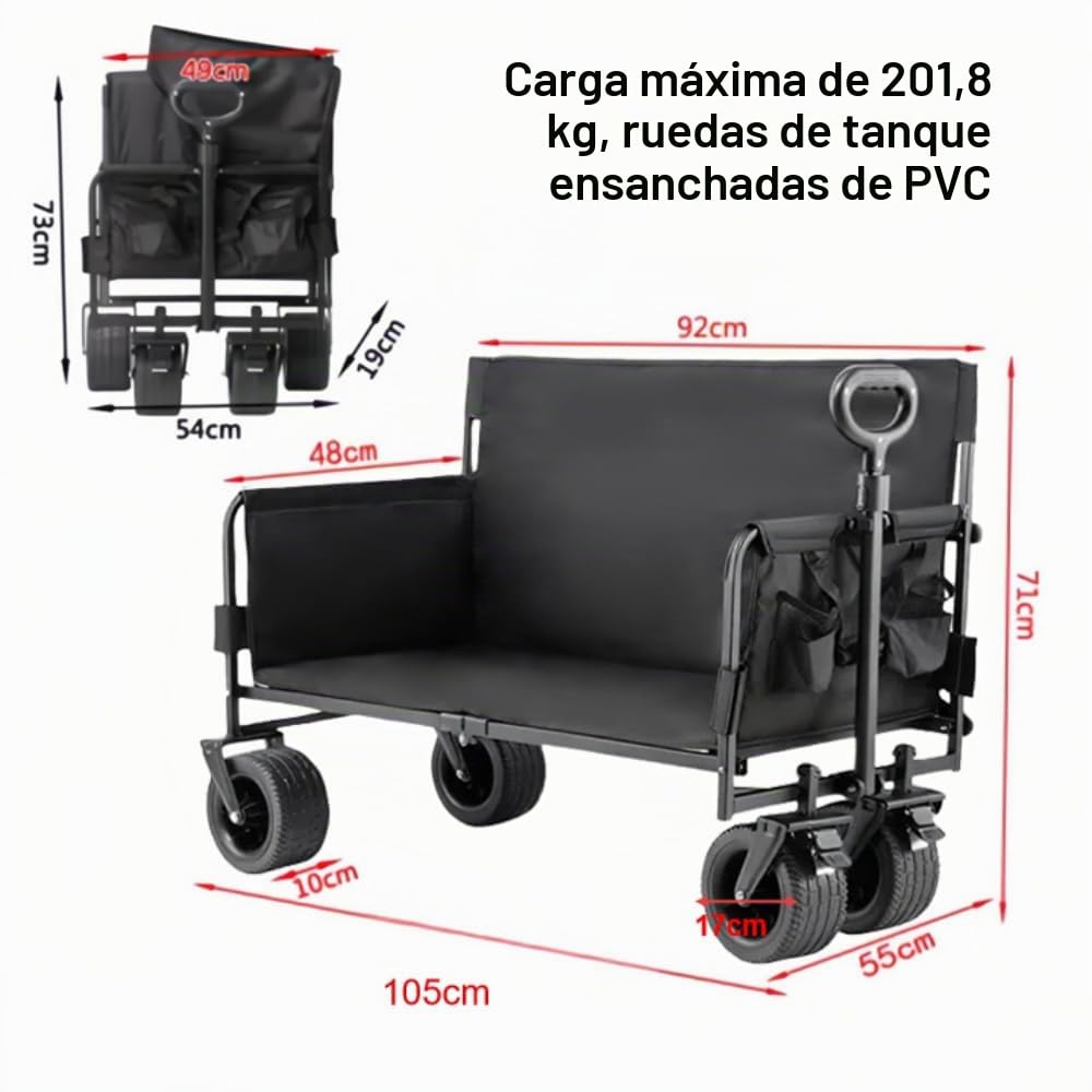 Carro de Transporte Plegable Gran Capacidad 200L Impermeable, Negro | Ruedas grandes todo terreno, tejido 600D impermeable multiusos para exterior