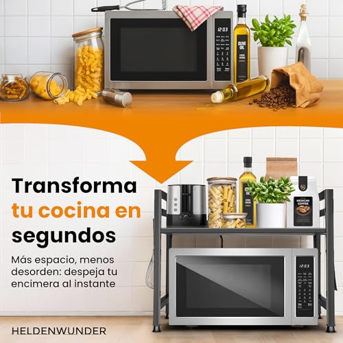 Miniatura 6 de Heldenwunder Estantería Microondas Estantes Cocina Acero 2 Niveles Mueble Microondas Horno Estanterias Almacenaje Organizador Estante Panadería Ajustable Instrucciones En Vídeo, Ganchos Negro
