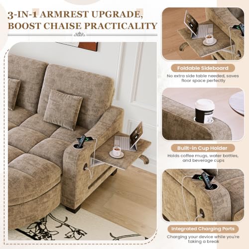 Image of 60 inch Loveseat Chaise Lounge Chair with Ottoman, Tufted Chenille Chaise Sofa with Storage & Adjustable Back / Side Table / USB Charging, Cozy Reading Lounge Chair and A Half for Living Room, Office, Khaki