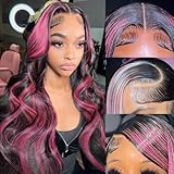 KeaBalo Ombre Lace Front Wig Human Hair Skunk Stripe Human Hair Wigs 13x4 Hd Lace Frontal Body Wave Highlight Pink Human Hair Wig Pink and Black Colored Wigs Human Hair 180% Density 22 Inch