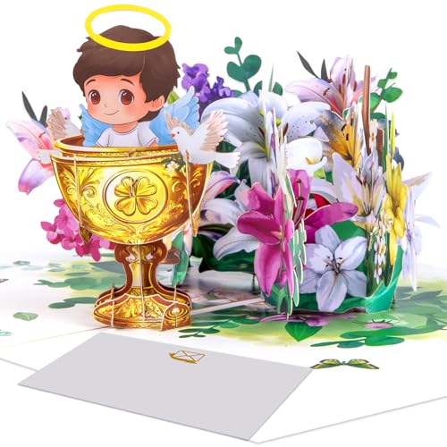 Biglietto pop-up per battesimo 3D per bambini, biglietto di auguri per battesimo con angelo, colombe, fiori ed eleganti dettagli dorati, regalo per battesimo e celebrazione per bambini