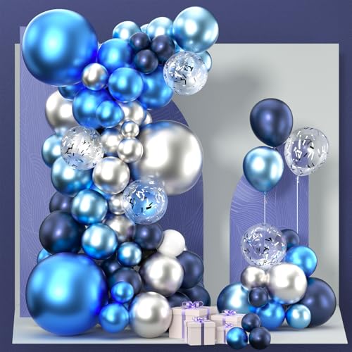 Image of PartyWoo Blue and Silver Balloon Garland, 100 pcs Balloons Different Sizes Pack of 18 Inch 12 Inch 10 Inch 5 Inch Navy Blue Silver Metallic Balloons for Birthday Decorations, Party Decorations