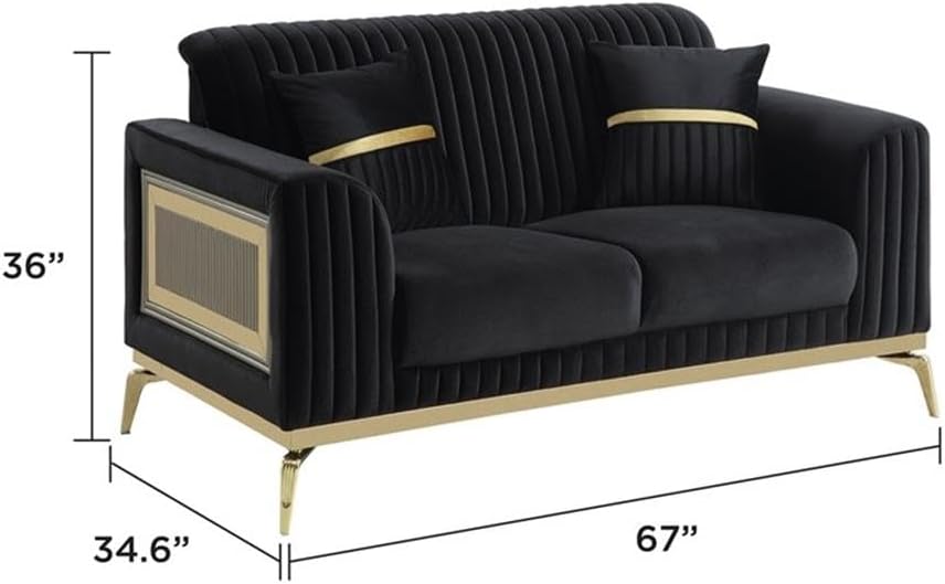 Pemberly Row Contemporary Upholstered 2-Piece Living Room Set, Black Microfiber, Foam Cushions, Gold Accents, Durable Wood Frame, Sofa and Loveseat for Modern Seating Arrangement