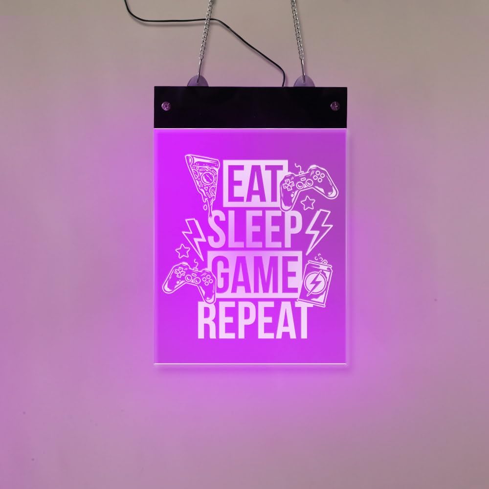 The Geeky Days Eat Sleep Game Repeat LED Lamp Wall Sign with Color Changing Light Gamers Boy Room Lighting Wall Art Rectangle Hanging Board Gaming Electric Display Sign