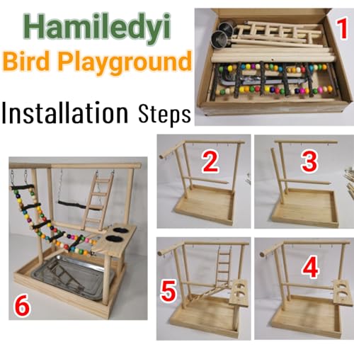 Hamiledyi Parrots Playground Bird Play Gym Wood Perch Stand Colours Climb Ladders Swing Chewing Toys with Parakeet Feeding Cups Exercise Activity Center for Conure Cockatiel Lovebirds(Include a Tray)