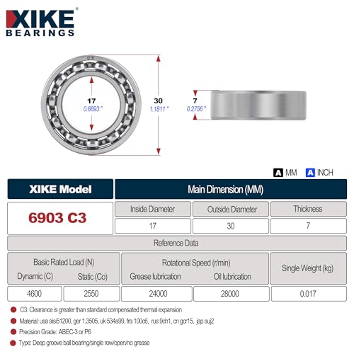 XiKe 2 Stück 6903 C3 Kugellager 17x30x7mm - Offene, Lagerstahl, Ultradünn, Ideal für 3D-Drucker, Modellbau, Schrittmotor, Fahrrad usw.
