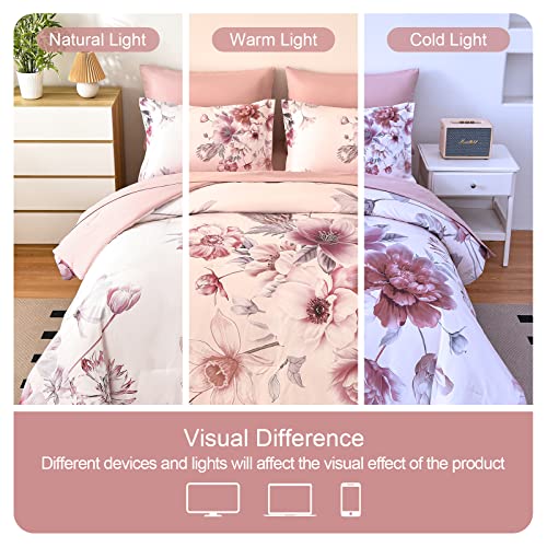 Image of Floral Comforter Sets 7 Piece Bed in a Bag, Soft Lightweight Microfiber Bed Comforter Set with Sheets (Pink,King)