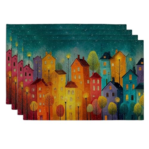 Manteles individuales coloridos con escena de pueblo, manteles individuales brillantes para mesa de comedor, antideslizantes, lavables, para interiores y exteriores, juego de 4 manteles individuales