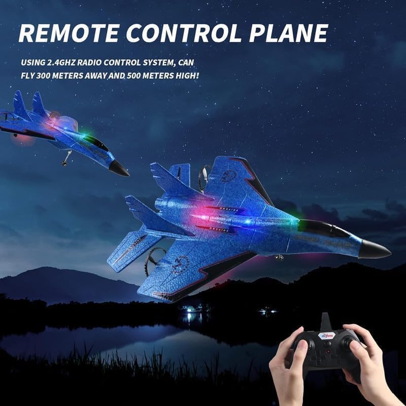 Image of RC Airplane for Kids 12+ & Adults, EPP Foam Glider Aircraft with Gyro Stabilization, LED Night Lights, 2.4GHz Remote Control, Hand Launch & Landing Gears