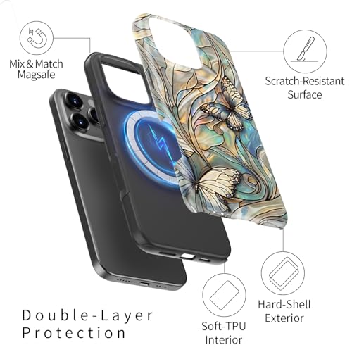 Image of Goodon for iPhone 16 Pro Max Case Cute - Wireless Charging Compatible - Dual-Layer Hard Shell + Silicone Cover - Protective Phone Case with Trendy Designs for Women - Butterflies Blue Gold
