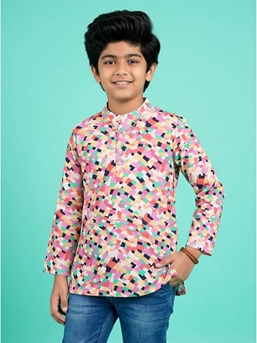 Image of KiddoPanti Boys 100% Cotton Ethnic Motif Printed Short Length Kurta