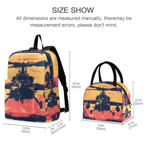 Helicopter Poster Print Backpack Set with Lunch Bag, Large Capacity Travel Backpacks and Lunch Box Insulated for Commute Hiking Picnic2