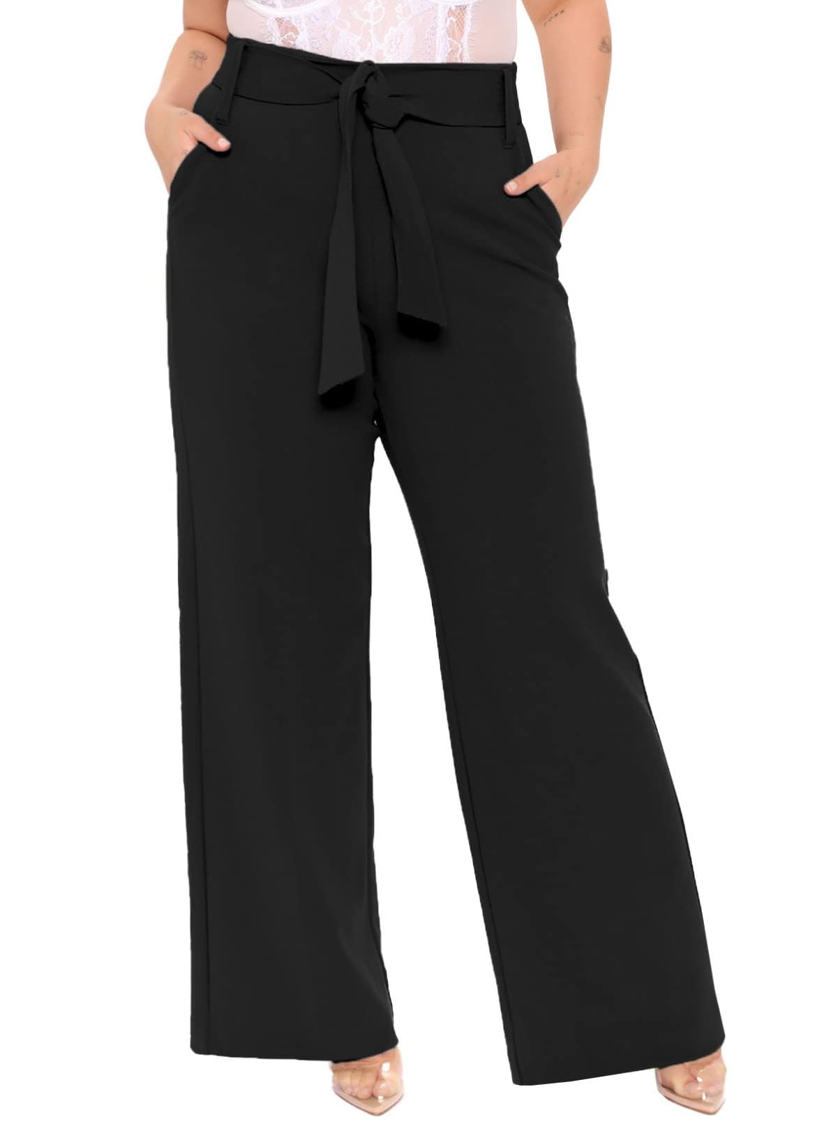 plussclub Women's Trousers Plus Size Wide Leg Western Stylish Belted Palazzo Pants-picture-21