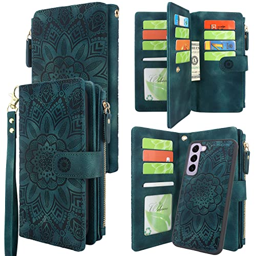 Harryshell Detachable Magnetic Zipper Wallet Leather Case with Cash Coin Pocket 12 Card Slots Holder Wrist Strap Lanyard for Samsung Galaxy S23+ S23 Plus 5G (2023) (Flower Teal)