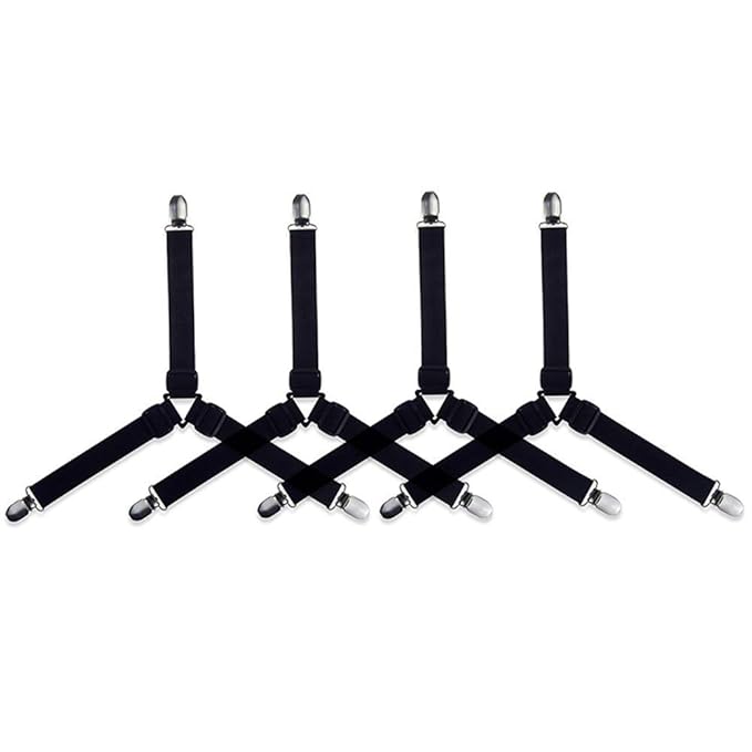 First Try Bed Sheet Straps Set 4 Pcs - Adjustable Triangle Elastic Suspenders Gripper Holder | 3 Ways Mattress Corner | Clip for Bed Sheets, Mattress Covers, Sofa Cushion | Home Decoration (Black)
