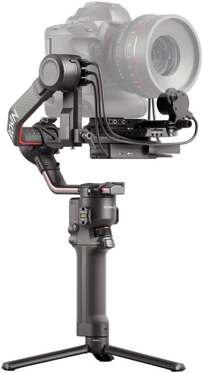 DJI RS 2 gimbal with a camera mounted, showing the carbon fiber arm and the Ronin branding.