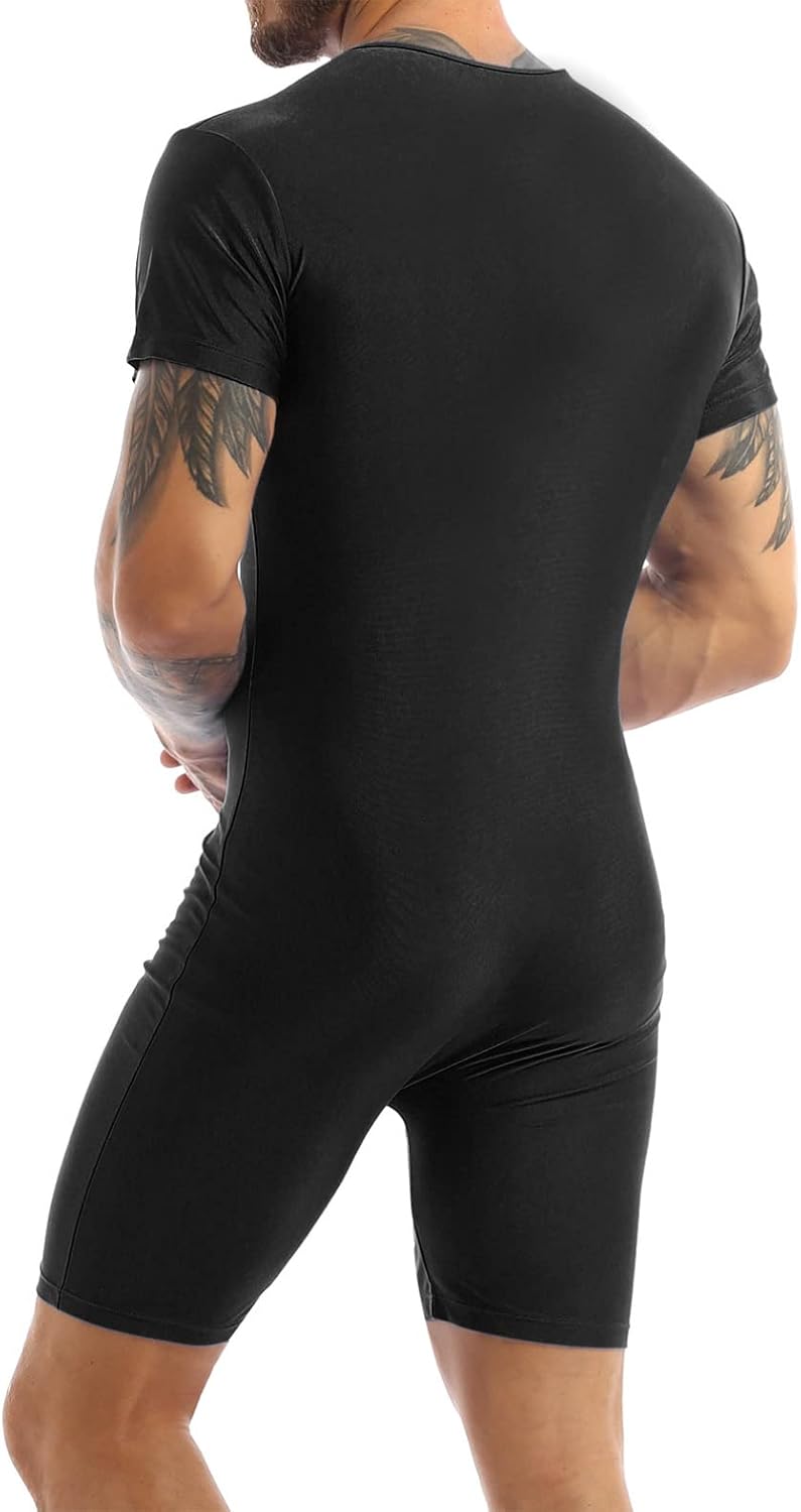 Jhaoyu Mens Short Sleeve Solid Modified Zipper Front Wrestling Singlet Boxer Shorts One Piece Leotard Bodysuit