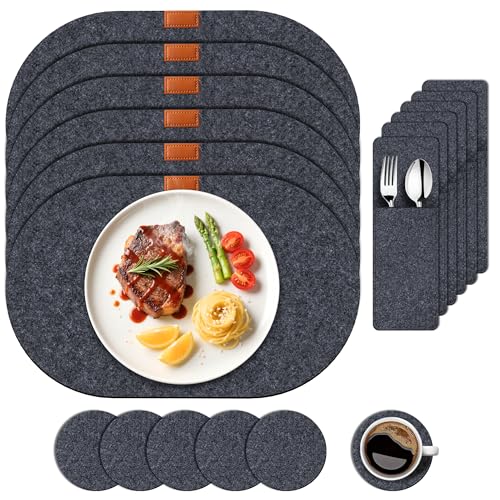 Platzsets Filz Abwaschbar, Hitzebeständige Tischsets und Untersetzer, 6 Waschbare Tischmattes, 6-rutschfeste Filzuntersetzer und 6-Besteckhüllen, Schützen Sie Ihren Küchen (Platzset Filz-Oval)