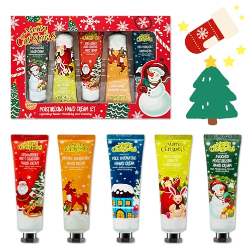 Creme Main Noël, Mini Crèmes pour les Mains, Hand Cream Set, Crème pour Mains Sèches et gercées, Cadeaux de Noël, Cadeau pour Femmes et Hommes,5 * 30ML