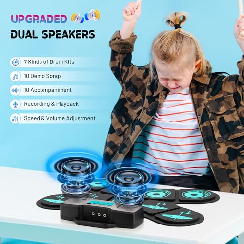 CAHAYA Batería Electrónica Enrollable para Niños con MIDI y Asa: Set de 9 Almohadillas Portátiles con 2 Pedales, Altavoces Estéreo, Salida Auriculares y Batería 10h – Azul - imagen 3