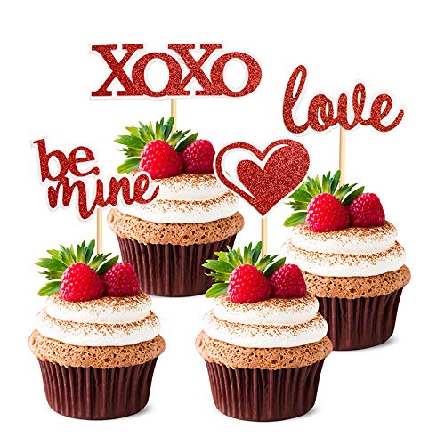 32 Pcs Glitter Red Heart Love Xoxo Be Mine Cake Toppers Picks For Sweet Love Theme Wedding Engagement,Valentine's Day Bridal Shower Party Cake Decors #TOP3