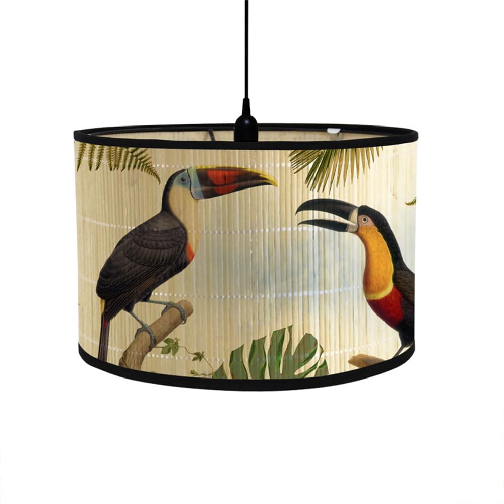 FANSU Round Drum Light Shade for Table Lamp, Modern Chinese Style Pattern Pendant Lampshades Easy Fit for Living Rooms, Bedroom, Hallways, Reading Room (Tropical Bird)