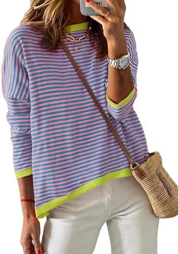 Cuptacc Pullover Damen Elegant Gestreifts Sweatshirt Rundhals Casual | Baumwolle,Rundhals,Gestreifts,Atmungsaktiv,Lässig Bequem,Weich Hautfreundlich,Locker,Alltag