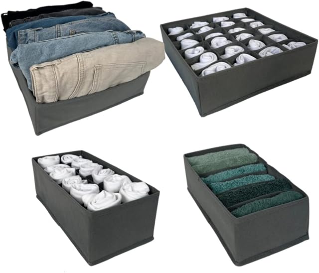 4 Pcs Clothes Storage Organiser for Drawers, Wardrobe and Nursery, Foldable Cube That Fits Baby Grows, Underwear, Socks, Jeans, Pillow Cases, T-shirts, Drawer Dividers, Grey (AIH1003)