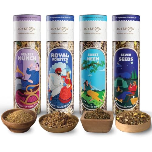 Image of JoySpoon Relief Munch, Royal Roasted, Sweet Neem & Seven Seeds Mukhwas Combo | Supari Free | Traditional Indian After-Meal Digestive Snack | No Artificial Colors & Preservative | Pack of 4x100g