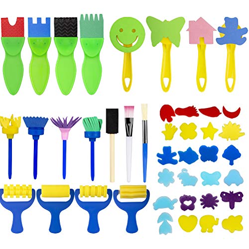 Xpassion 47 Piezas Niños Temprano Aprendizaje Esponja Pintura Cepillos Kit, Cepillos de Pintura de Esponja Herramientas de Dibujo DIY Artesanías Juguete, Incluye Pinceles de Esponja y Craft Pinceles