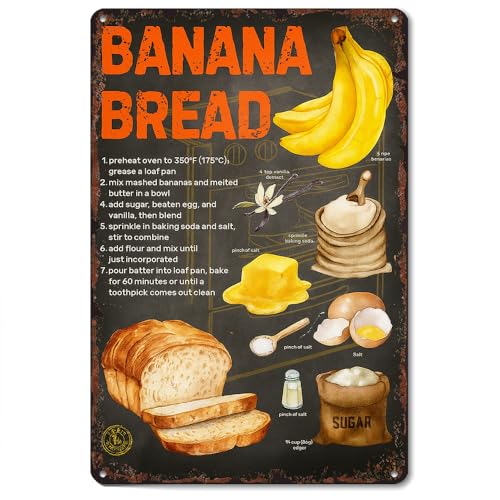 HSFHXY Banana Bread Recipe Print 8x12 Inch Aluminum Metal Tin