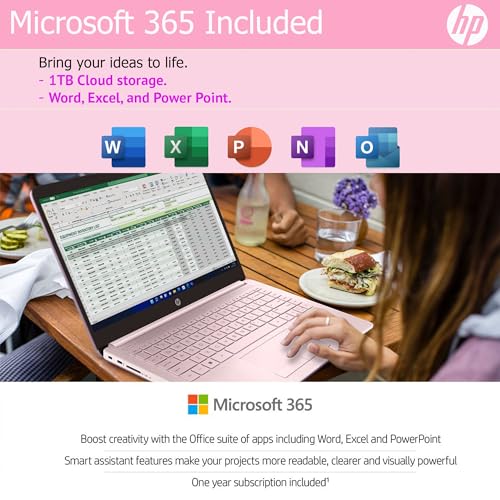 Image of HP Ultralight 14 inch Laptop with Intel 4-Core Processor • with Microsoft 365 and Wireless Earbuds • 8GB RAM • 64GB SSD • HD Display • Pink • Windows 11