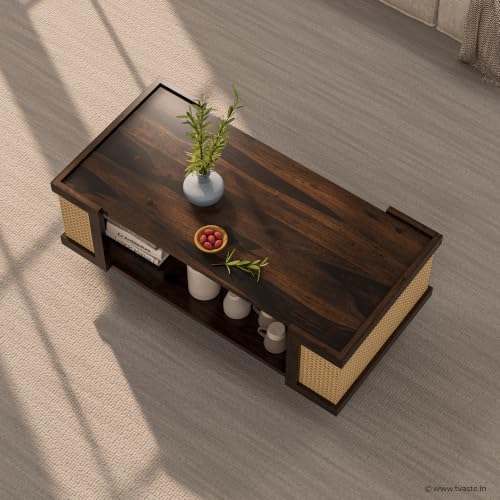 Image of Sudha Solid Sheesham Wood Coffee Table & Centre Table, Walnut Finish | Open Storage Shelf, Natural Rattan Cane Sides, Wooden Center Table for Living Room, Solid Sheesham Wood