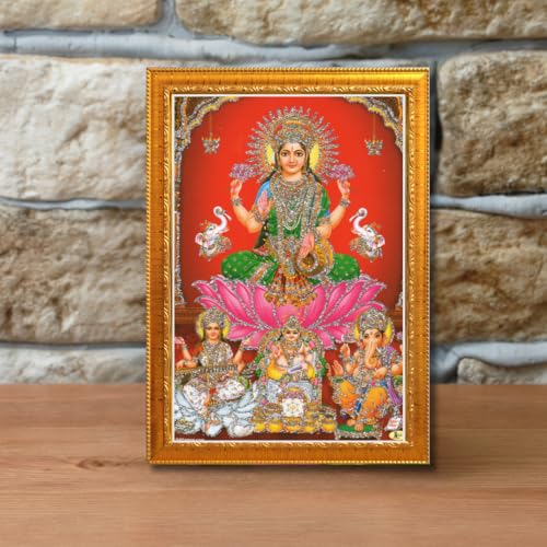 Image of CRAFT QUEST Lakshmi Devi with ganesh ji and saraswati mata Wall Painting Photo Frame for Diwali Pujan (Synthetic, Golden, Sparkle Finish, Small Size, 8 X 6 Inch)