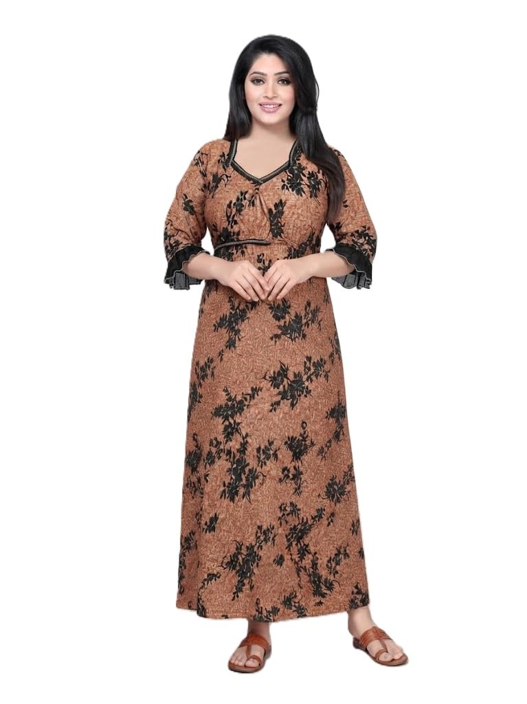 Women's Printed Satin Night Maxi, Elegant Maroon Floral Gown with Short Sleeves, Relaxed Fit Sleep Dress with Tie-Up Waist Design-image-20