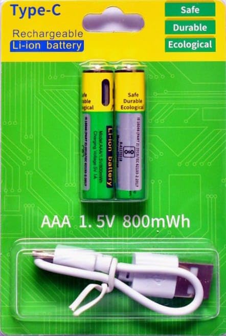 AAA Rechargeable Battery 800 mWh & 1.5V Lithium Ion USB Type-C